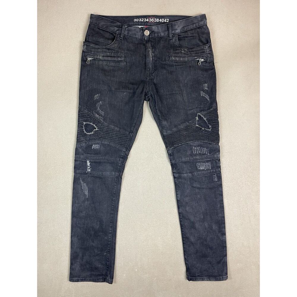 Denim House Jeans Mens 36x32 Black Distressed‎ Tapered Slim Fit Stretch Mid Rise